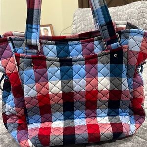 Quilted Red and Blue Tote Bag with Plaid Design